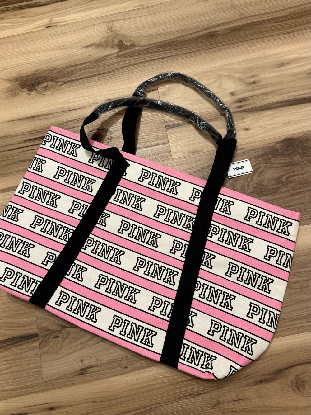 PINK Victoria's Secret Varsity Pink & White Striped Logo Tote Bag NWT